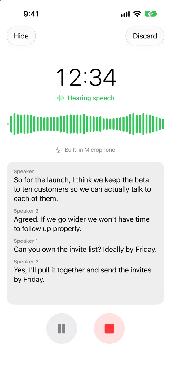 OpenScribe recording a meeting, showing the live level meter and a live transcript with two speakers